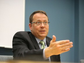 Mike Schreiner leader of the Green Party of Ontario makes a point during an interview in Sudbury, Ont. on Wednesday May 18, 2016. Gino Donato/Sudbury Star/Postmedia Network