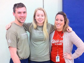 Parkside students and the blood donor clinic organizers Taylor Munroe, left, and Natasha Sandering-Taylor with Canadian Blood Services staffer Kendall Oniell.