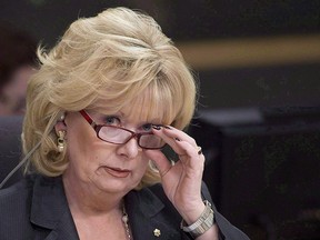 Sen. Pamela Wallin adjusts her glasses at the start of a meeting, Monday Feb. 11, 2013 in Ottawa. THE CANADIAN PRESS/Adrian Wyld