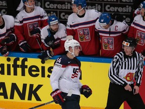 Auston Matthews of the U.S. reacts after scoring the winning goal during a shootout in quarterfinal match between Czech Republic and United States at the world hockey championship in Moscow on May 19, 2016. (AP Photo/Ivan Sekretarev)