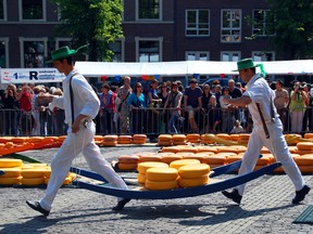 At the Friday market in Alkmaar, carriers use a "cheese-barrow" to bring wheels to and from the Weigh House, just as they have for centuries. (photo: Cameron Hewitt)