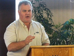 Terry Barros, manager of the Sarnia grain terminal, speaks to the Sarnia-Lambton Golden 'K' Kiwanis club meeting on Tuesday May 17, 2016 in Sarnia, Ont. Barros explained most of Southern Ontario's surplus grain is exported to Egypt. (Terry Bridge, The Observer)