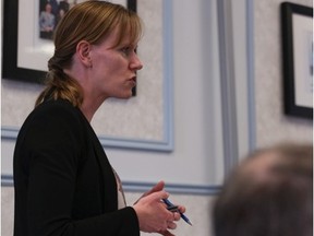 Huron County senior planner Claire Dodds speaks to Huron East municipal council about each of the amendments being made to its official plan during a public meeting May 17. The municipality adopted the changes, which included new uses for agricultural land and the removal of the Minimum Separation Distance rule for surplus houses on severed farmland for livestock buildings on neighbouring properties. (Photo taken by Justin Prince)