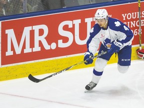 Defenceman Connor Carrick has been an offensive revelation for the Marlies in the post-season, especially on the power-play. Carrick, a former Hershey Bear, leads the AHL in playoff scoring. (Ernest Doroszuk, Toronto Sun)