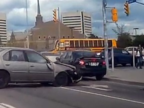 Screen grab from YouTube video showing an Eglinton Ave. crash