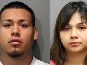 This Thursday, May 19, 2016, booking photo provided by the Chicago Police Department shows a combination photo of Diego Uribe, left, and his girlfriend, Jafeth Ramos. The pair were arrested Thursday and charged with six counts of first-degree murder in the killings of six members of a family in Chicago's Gage Park neighborhood. Authorities found the bodies Feb. 4, 2016. (Chicago Police Department via AP)