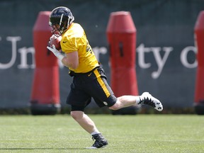 Pittsburgh Steelers linebacker Tyler Matakevich makes a catch during NFL football rookie mini-camp in Pittsburgh on May 6, 2016. (AP Photo/Keith Srakocic)