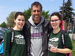 Clara and Catherine Rastin of St. Patrick's won the girls' doubles high school SWOSSAA tennis championship for the fourth consecutive year. From left are Clara Rastin, SWOSSAA tennis convenor Maurice Bottos and Catherine Rastin. (Handout/Sarnia Observer/Postmedia Network)