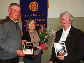 Submitted photo: Award winners Dave Cram with his wife Ann and Shirley Ross with their Optimist awards that recognize their years of community service.The Optimist Club of Sombra Township presented two area residents, Dave Cram and Shirley Ross with plaques that recognized their Community Service efforts within our area. Dave Cram, among other things, was a co-chairman of the Port Lambton Splash Pad and designed the skateboard park at Van Damme Park. Shirley Ross has been with the Meals on Wheels program in the Port Lambton area for 35 years having served as a cook and treasurer.