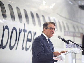 Robert Deluce, president and CEO of Porter Airlines addesses the crowd at the Greater Sudbury Chamber of Commerce president series reception at the aviation hangar at the Greater Sudbury Airport in Sudbury, Ont. on Thursday May 19, 2016. Gino Donato/Sudbury Star/Postmedia Network