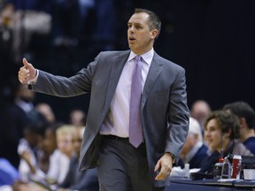 In this Dec. 8, 2015, file photo, Indiana Pacers coach Frank Vogel gestures during the first half of the team's NBA basketball game against the Golden State Warriors in Indianapolis. (AP Photo/Michael Conroy, File)