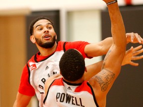 Raptors guards Corey Joseph and Norman Powell at practice on Friday before playing the Cavaliers in Game 3 of their NBA Eastern Conference final in Toronto on Saturday. (Michael Peake/Toronto Sun)