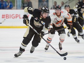 Trenton Golden Hawks Keaton Ratcliffe moves the puck toward the net of the Lloydminster Bobcats during 2016 RBC Cup action at the Centennial Civic Centre on Thursday, May 19, 2016 in Lloydminster, Sask. Tyler Marr