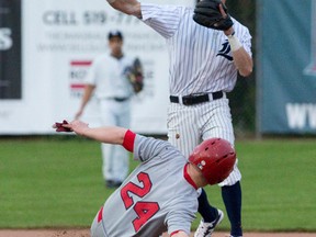 London Majors second baseman Chris McQueen, shown in this photo from the team's home opener this year, led hitters Thursday in a rout of the Brantford Red Sox.  (Craig Glover/The London Free Press)