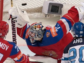 Finland’s Sebastian Aho, right, scores against Russia’s goalie Sergei Bobrovski during the Ice Hockey World Championships semifinal match between Finland and Russia, in Moscow, Russia, on Saturday, May 21, 2016. (AP Photo/Ivan Sekretarev)