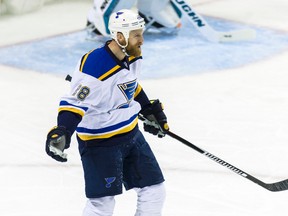 Blues centre Kyle Brodziak celebrates his goal against the Sharks in the second period of Game 4 of the Western Conference final at SAP Center in San Jose, Calif., on Saturday, May 21, 2016. (John Hefti/USA TODAY Sports)