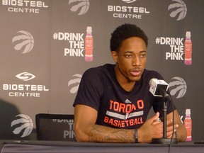 Toronto Raptors' DeMar DeRozan answers questions at a media availability in Toronto on Sunday, May 22, 2016. The Raptors trail the Cleveland Cavaliers 2-1 in the NBA Eastern Conference final. (THE CANADIAN PRESS/Neil Davidson)