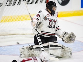 Red Deer Rebels goalie Rylan Toth reacts to letting in a goal during first period CHL Memorial Cup hockey action against the Rouyn-Noranda Huskies in Red Deer, Alta., Sunday, May 22, 2016. THE CANADIAN PRESS/Jeff McIntosh