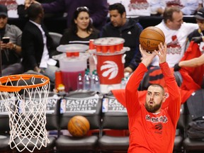 Raptors centre Jonas Valanciunas was active but did not play against the Cavaliers in Game 4 of the Eastern Conference final in Toronto on Monday, May 23, 2016. (Michael Peake/Toronto Sun)