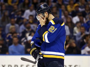 Blues centre Patrik Berglund wipes his face during third period action against the Sharks in Game 5 of the Western Conference final in St. Louis on Monday, May 23, 2016. (Aaron Doster/USA TODAY Sports)