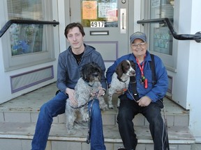 Justin Thompson (L-R) with his dog Chucky, and James Cryderman, with his dog Oilty are teaming up for the Purina Walk for Dog Guides, which will be hosted for the seventh time at the Vermilion Provincial Park on Sunday, May 29, in partnership with the Vermilion Lions Club. Charlotte Smith/Vermilion Standard/Postmedia Network.