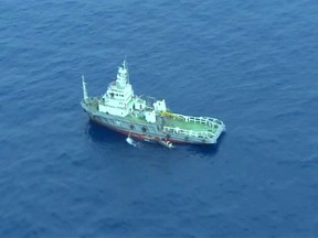 An aerial view of a vessel is seen as rescue teams recover debris of the EgyptAir jet that crashed in the Mediterranean Sea, in this still image taken from video on May 21, 2016. Egyptian Military/Handout via Reuters TV