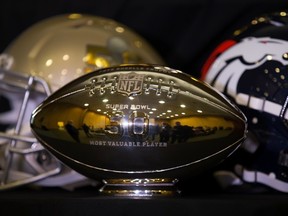 Super Bowl 50 MVP Trophy is on display at the Super Bowl Media Center in San Francisco on Feb. 8, 2016. The NFL announced future Super Bowl hosts include Atlanta, Miami and Los Angeles. (Kelley L Cox/USA TODAY Sports)