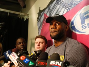 LeBron James of the Cavaliers speaks to the media before Game 4 against the Raptors in the NBA's Eastern Conference final in Toronto on Monday, May 23, 2016. (Jack Boland/Toronto Sun)