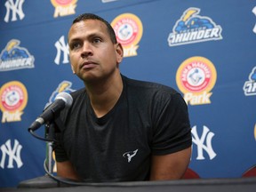 New York Yankees third baseman Alex Rodriguez listens to a question before a minor league rehab start for the Trenton Thunder at Arm & Hammer Park Tuesday, May 24, 2016, in Trenton, N.J. (AP Photo/Mel Evans)
