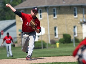 Lambton Central Lancers pitcher Paul Sheeler delivers a pitch during the Lambton Kent senior boy's high school baseball championship game on Tuesday, May 24, 2016 in Petrolia, Ont. The Lancers defeated Ursuline College 10-0 in five innings. (Terry Bridge/Sarnia Observer/Postmedia Network)