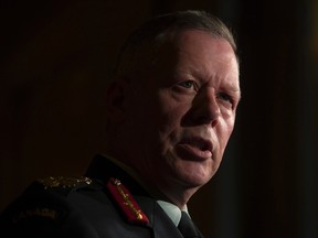 Chief of Defence Staff Jonathan Vance speaks with the media following a speech to the Chamber of Commerce in Ottawa on Tuesday May 24, 2016. THE CANADIAN PRESS/Adrian Wyld