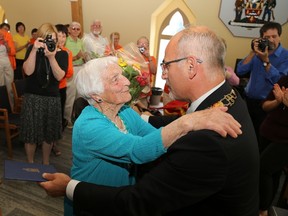 JASON MILLER/The Intelligencer
Winnifred Perryman, 95, is presented the prestigious 2016 Senior of the Year Award by Mayor Taso Christopher. Perryman was praised for her contribution to the local Grannies for Africa group that has raised more than $260,000 for various causes including the battle against HIV/Aids on the African continent.