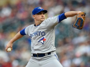 Blue Jays starting pitcher Aaron Sanchez will have his scheduled start on Wednesday in New York bumped back to Friday in Toronto against the Red Sox. (AFP/PHOTO)