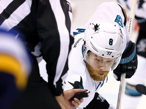 Sharks centre Joe Pavelski awaits the face-off against the Blues in the third period of Game 5 of the NHL's Western Conference final in St. Louis on Monday, May 23, 2016. (Aaron Doster/USA TODAY Sports)
