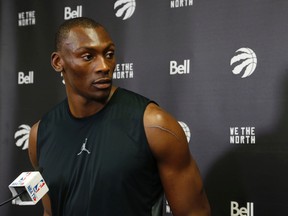 Toronto Raptors Bismack Biyombo  speaks to the media in the morning at availability before Game 4 in Toronto on Monday May 23, 2016. (Jack Boland/Toronto Sun/Postmedia Network)