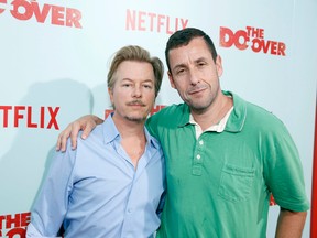 David Spade and Producer/Actor Adam Sandler seen at Netflix Presents "The Do-Over" Los Angeles Premiere at Regal Cinemas LA Live on Monday, May 16, 2016, in Los Angeles. (Photo by Steve Cohn/Invision for Netflix/AP Images)