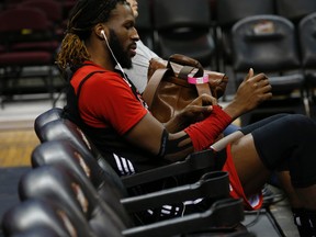 Toronto Raptors forward DeMarre Carroll gets ready at morning practice before Game 5 in Cleveland, Ohio on May 25, 2016. (Jack Boland/Toronto Sun/Postmedia Network)