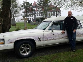 Nova Scotia car collector Michael Nelson, shown in a handout photo, says his landlord asked him to remove his graveyard-painted hearse from his driveway after complaints from other residents of his largely elderly neighbourhood. Nelson purchased the white 1990 Cadillac Brougham hearse, which features a graveyard scene painted on its side and a gate with the words "final destiny" painted on the back, from Ontario a few weeks ago.THE CANADIAN PRESS/HO-Michael Nelson