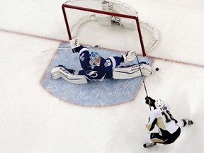 Tampa Bay Lightning goalie Andrei Vasilevskiy blocks the shot from Pittsburgh Penguins right winger Eric Fehr in Game 6 of the Eastern Conference final at Amalie Arena in Tampa on May 24, 2016. (Reinhold Matay/USA TODAY Sports)