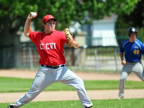Eric Marsh of the Lambton Central Lancers winds up during the senior boy's high school baseball SWOSSAA championship game against the St. Anne Saints on Wednesday, May 25, 2016 in Petrolia, Ont. The Saints won 6-3. (Terry Bridge/Sarnia Observer/Postmedia Network)