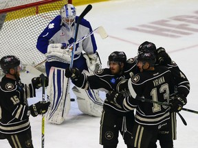 The Hershey Bears celebrate a second-period goal as Marlies goalie Antoine Bibeau hangs his head during Game 3 of the AHL Eastern Conference final Wednesday night at Ricoh Coliseum. (Dave Abel/Toronto Sun)