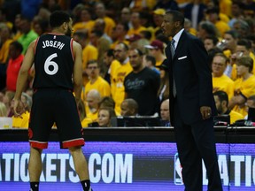 Toronto Raptors coach Dwane Casey barks out orders to Cory Joseph during Game 5 of the Eastern Conference final in Cleveland Thursday May 26, 2016. (Jack Boland/Toronto Sun/Postmedia Network)