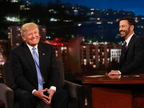 In this photo provided by ABC, Republican presidential candidate, Donald Trump, left, talks with host Jimmy Kimmel during a taping of the ABC television show, "Jimmy Kimmel Live!,” on Wednesday, May 25, 2016, in Los Angeles. Trump made an appearance as a guest, along with musical guest Greg Porter on the late night show, which airs every weeknight at 11:35 p.m. EST. (Randy Holmes/ABC via AP)