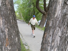 Barry Johnson goes for a power walk at Bell Park in Sudbury, Ont. on Wednesday May 25, 2016. John Lappa/Sudbury Star/Postmedia Network