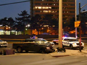 A police chase ended around 8:30 p.m. May 25, 2016 at the intersection of Hurontario St. and Burnhamthorpe Rd. in Mississauga. No one was seriously injured, Peel Regional Police said. (Pascal Marchand/Special to the Toronto Sun)