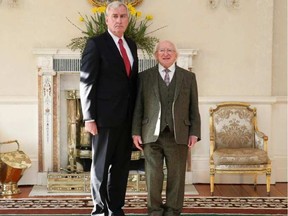 Former House of Commons sergeant-at-arms Kevin Vickers (left) meets with Ireland President Michael Higgins after being introduced as Canada's ambassador to Ireland in Dublin. THE CANADIAN PRESS