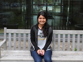 Caroline Cadena, seen on May 25, is a 16-year-old Kingston high school student. She is competing in the CIHR Canadian National Brain Bee on Saturday for the title of “best brain” in Canada by demonstrating her knowledge of neuroscience. (Jane Willsie/For The Whig-Standard)