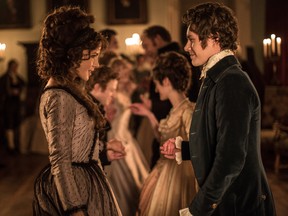 This image released by Roadside Attractions shows Kate Beckinsale, left, and Xavier Samuel in a scene from the film, "Love & Friendship."