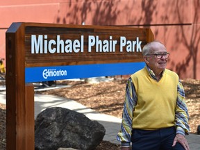 Michael Phair has a park named after him, a pocket park on 104 Street just north of Jasper Avenue in Edmonton, May 26, 2016. (Ed Kaiser photo)