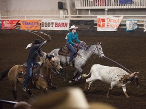 High Point Champion Cassidy Clark, Thorsby, Alta., ropes her heifer during the Team Roping event at the Vermilion High School Rodeo, at Lakeland College, on Sunday, May 15. Taylor Hermiston/Vermilion Standard/Postmedia Network.